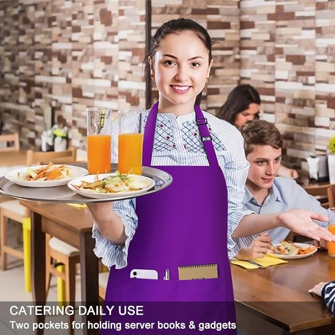 Jubatus 2 Pack 100% Cotton Aprons with 2 Pockets Cooking Chef Kitchen Adjustable Bib Apron for Women Men, Purple