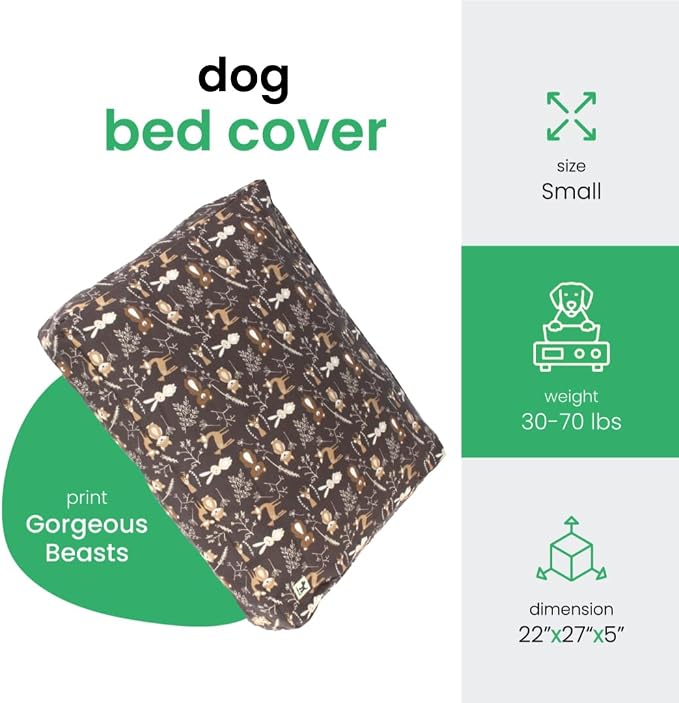 Molly Mutt Small Dog Bed Cover - Gorgeous Beasts Print - Measures 22”X27”X5’’ - 100% Cotton - Durable - Breathable - Sustainable - Machine Washable Dog Bed Cover (Dd72a)