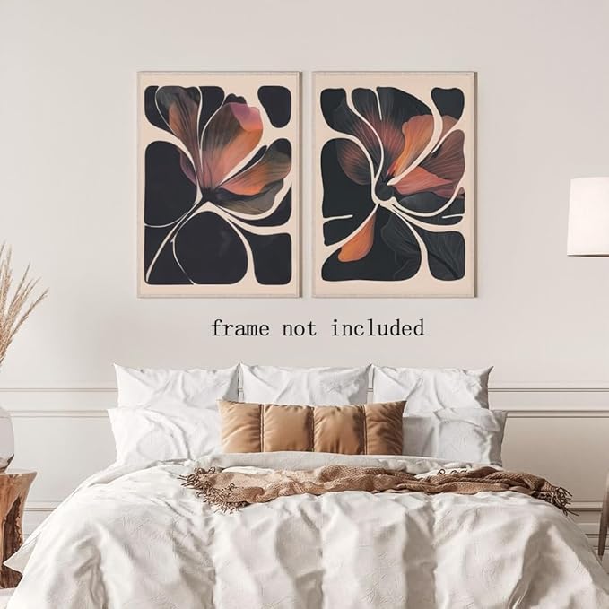 HUYKON Abstract Floral Wall Art Prints Set of 2 Modern Mid Century Botanical Canvas Painting Posters Black Orange Flower Picture Wall Decor Aesthetic for Bedroom Home Decor 24x36inch Unframed