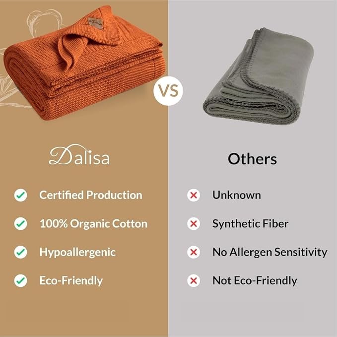 Dalisa 100% Organic Turkish Cotton Throw Blanket, GOTS Certified Cotton Blanket for Couch, Bed & Home Décor, Vintage Knit Design, Harvest Pumpkin, 80 x 90 in