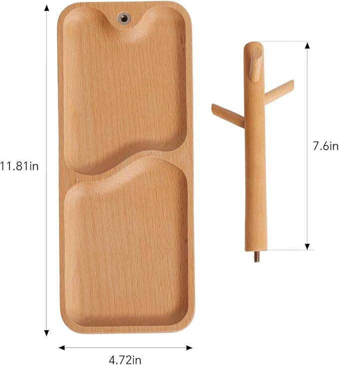 Solid Beech Wood Key Tray and Bowl for Entryway Table - Smooth Polished Branch-Shaped Organizer With Hooks for Keys, Wallet, Jewelry, Glasses (Beech, Rectangle)