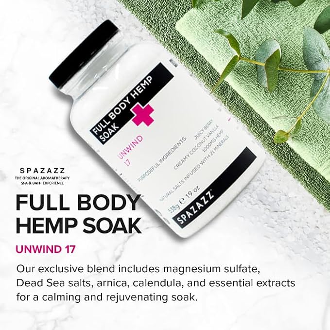 Spazazz Full Body Hemp Soak - 1000mg Hemp - Spa Hot Tub & Bath Aromatherapy Bath Salt Crystals - 538g/19oz (Unwind 17)