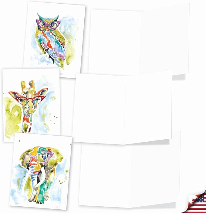 The Best Card Company - 10 Watercolor Blank Cards with Envelopes (4 x 5.12 Inch) Cute Animals, All Occasion Note Cards - Rainbow Splash Animals AM6137OCB-B1x10-NB