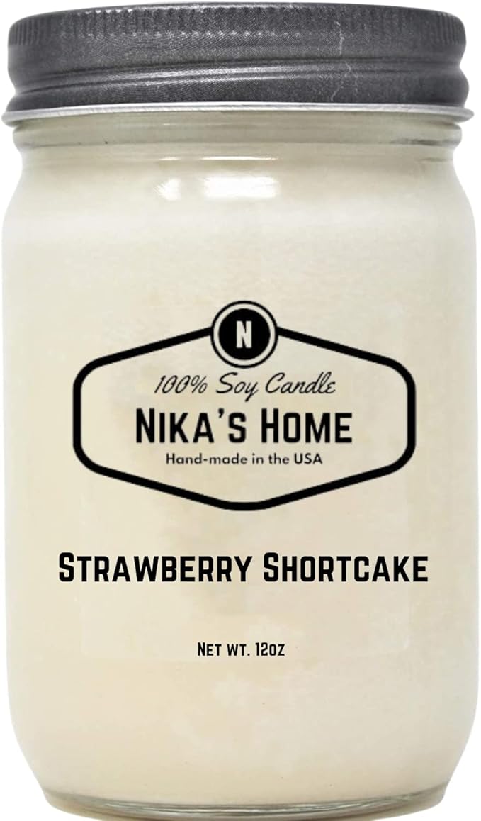 Nika's Home Strawberry Shortcake Soy Candle - 12oz Mason Jar - Non-Toxic - Hand Poured in The USA, Long Burning 50-60 Hours Highly Scented All Natural, Clean Burning