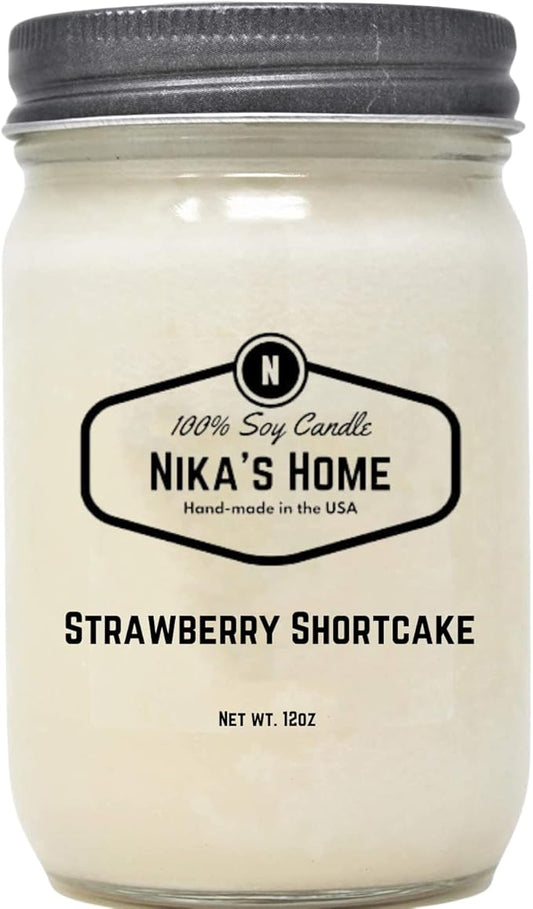 Nika's Home Strawberry Shortcake Soy Candle - 12oz Mason Jar - Non-Toxic - Hand Poured in The USA, Long Burning 50-60 Hours Highly Scented All Natural, Clean Burning
