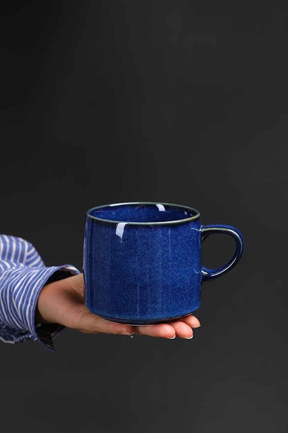 12oz Japanese Style Minimalistic Asian Rustic Reactive Glaze Ceramic Pottery Coffee Mug, Lead-Free Glaze earthen Tea Mug,Tea cup with handle, stoneware mugs, Microwave and Dishwasher Safe (Dark Blue)