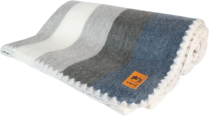ALPAKITAS Alpaca Wool Blanket – Twin Size, 75 x 38 Inches – Warm & Lightweight – Couch, Bed, or Outdoor Blanket – Gray & Blue