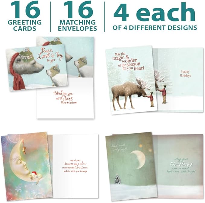 Tree-Free Greetings - Season's Greeting Cards - Artful Designs - 16 Assorted Cards + Matching Envelopes - Made in USA - 100% Recycled Paper - 5 x 7 - Dreams & Wishes (GP54095)