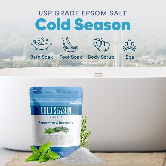 Cold Season Bath Salt 32 Ounces (2 Lbs) USP Grade Epsom Salt with Natural Rosemary and Peppermint Pure Essential Oils Plus Vitamin C in BPA Free Pouch with Easy Press Lock Seal Made in USA