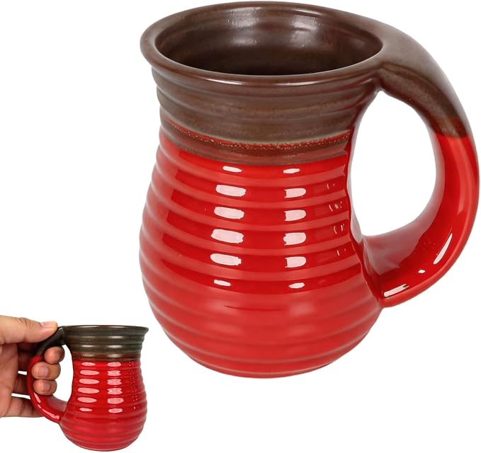 18oz Hand Warmer Ceramic Mug, Handmade Coffee Mug with Contoured Comfort Handle, Microwave Dishwasher Safe for Office Home Daily Use (Red/Brown)