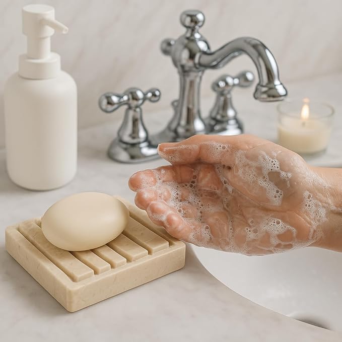 Creative Home 2-Piece Natural Champagne Marble Soap Dish Set with Elevated Slotted Tray, Luxury Bathroom Soap Holder for Vanity, Kitchen Sink & Spa Countertop