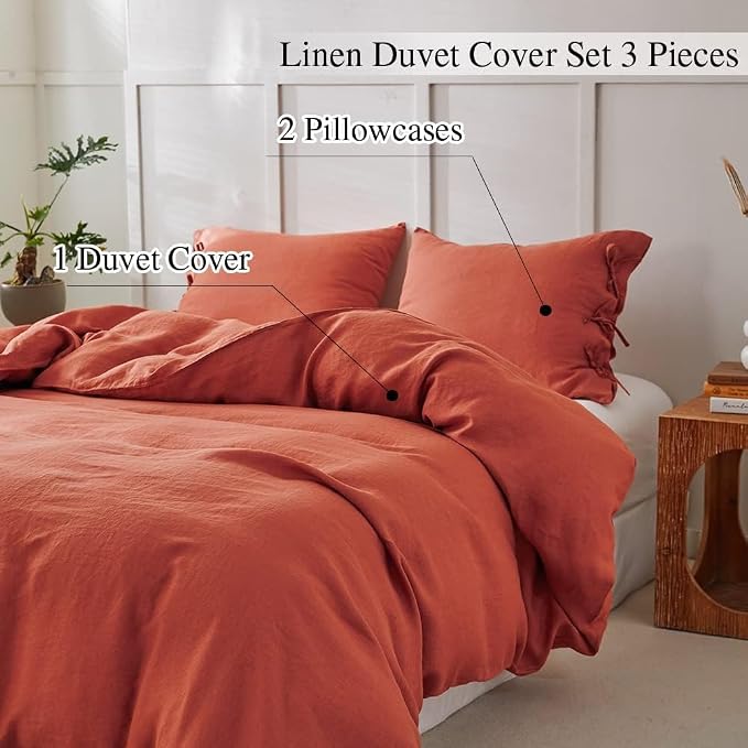 Simple&Opulence 100% Linen Duvet Cover Set 3pcs with Bowknot Ties Closure Natural French Washed Flax Solid Color Soft Breathable Farmhouse Bedding - Brick Red, Queen Size