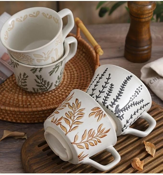 Ceramic Mug Set of 4, 11oz - Vintage Mug Cups for Coffee Milk Latte Cappuccino Tea, Porcelain Coffee Cups Set Gifts for Women Man, Farmhouse Handmade Stoneware Cups Dishwasher Microwave Safe