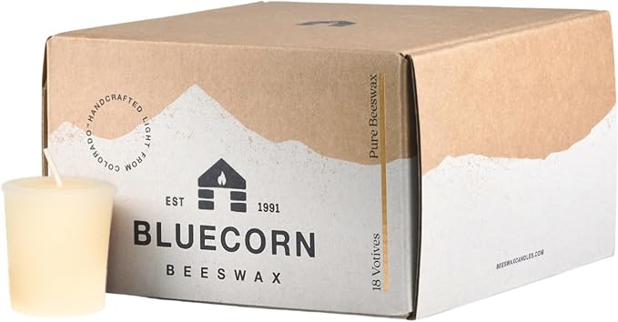 Bluecorn Beeswax Votive Candles, 100% Pure Natural Bees Wax, Ivory White Votives, Clean Burning & Long Lasting (12+ Hours), Fragrance Free, Home Decor & Wedding Decorations, American Made, 18 Pack