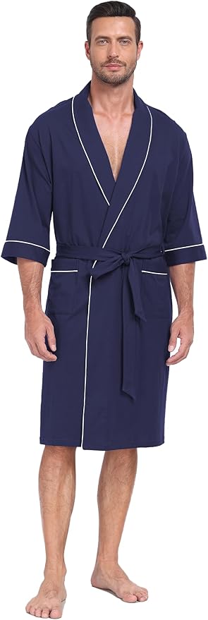 COLORFULLEAF 100% Cotton Men’s Summer Bathrobe Lightweight & Breathable Short Sleeve Kimono Robe with Pockets