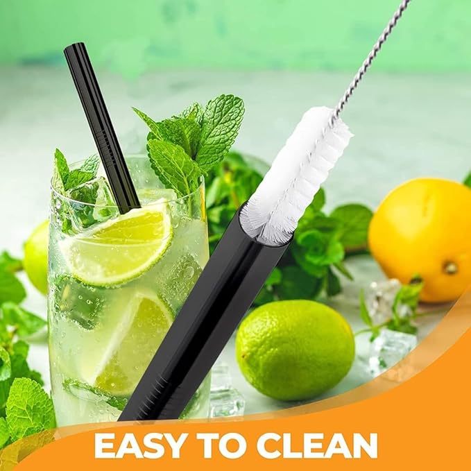 Vinaco Smoothie Straws Reusable & Milkshake Straws 0.5" Diam Wide Mouth Straw, Set of 6 Stainless Steel Straws 10.5" & 8.5" with 1 Long Straw Cleaner Brush，Black Metal Straws for Jumbo Thick Drinks