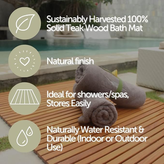 Nordic Style Premium Teak Shower and Bath Mat for Indoor and Outdoor Use - Non-Slip Wooden Platform for Spa, Sauna, Pool, Hot Tub - Flooring Decor and Protector (Oiled Finish, 23.62" x 17.75")