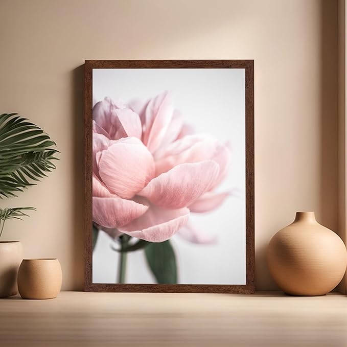 Monem Art Soft Pink Peony Macro Photography Print - Minimalist Floral Art Poster - Wall Decor for Living Room, Bedroom or Office - 16x20 Brown Framed Wall Art by Mareike Bohmer