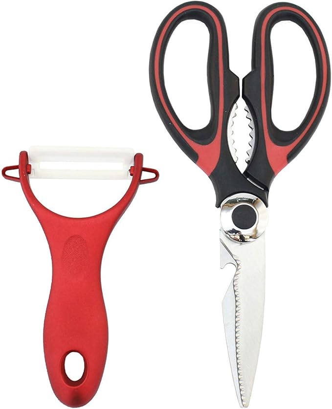 BambooMN Bamboo Cutting Board - 13" x 9" x 0.40" w/Kitchen Scissors Set (Scissor & Peeler) - Red & Black - 1 Set