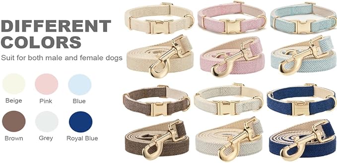 Soft Dog Collar and Leash Set Adjustable Woven Tweed Dog Collars with Metal Buckle and Lead for Small Medium Large Dogs,Blue