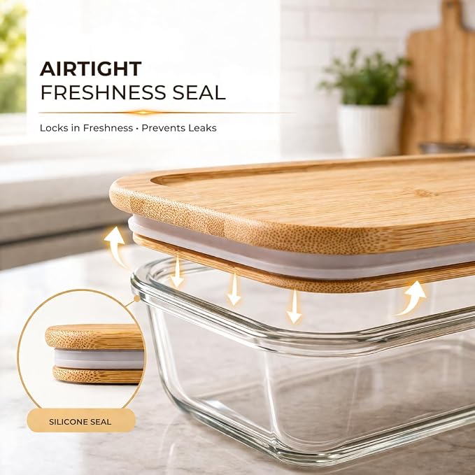 Kitchen Details Glass Food Storage Containers with Bamboo Lids | 3 Pack | 21.6 oz / 640 mL Rectangular Containers | Home | Apartments | Restaurants | Meal Prep