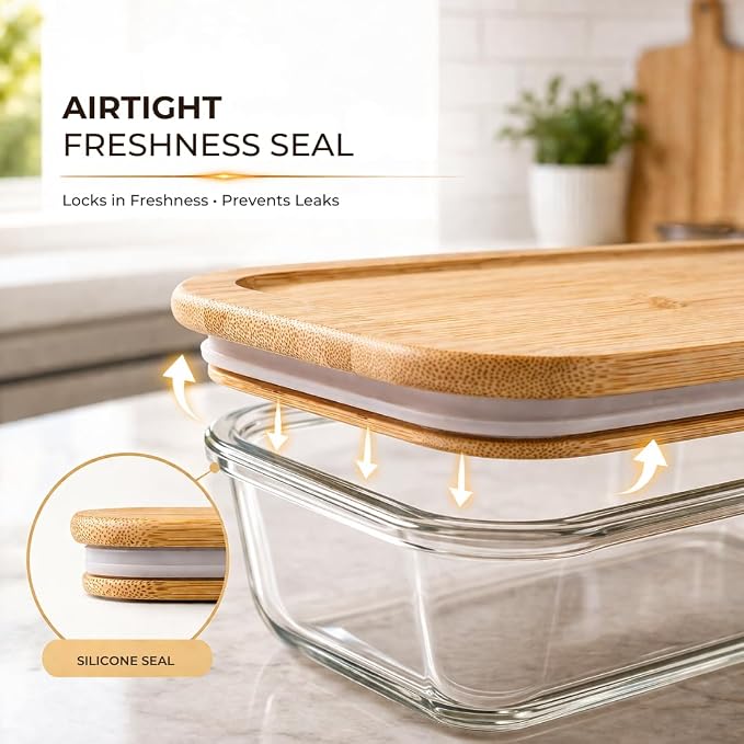 Kdetails Glass Food Storage Container with Bamboo Lid 12.5 oz | Borosilicate Glass Meal Prep Container | Microwave Oven Dishwasher Safe | Airtight BPA Free