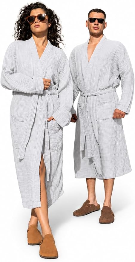 Muslin Unisex Bathrobe Women & Men, 100% Cotton Kimono Lightweight Robe | Long Robes Soft, Absorbent, Spa robes
