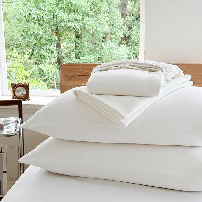 NSNLGSGC 100% French Linen Sheets King Size, 4 Piece Pure Linen Bed Sheet Set, Breathable, Cooling & Durable, Soft Washed Natural Flax Bedding with 16 Inch Deep Pocket, All Season Use(King, White)