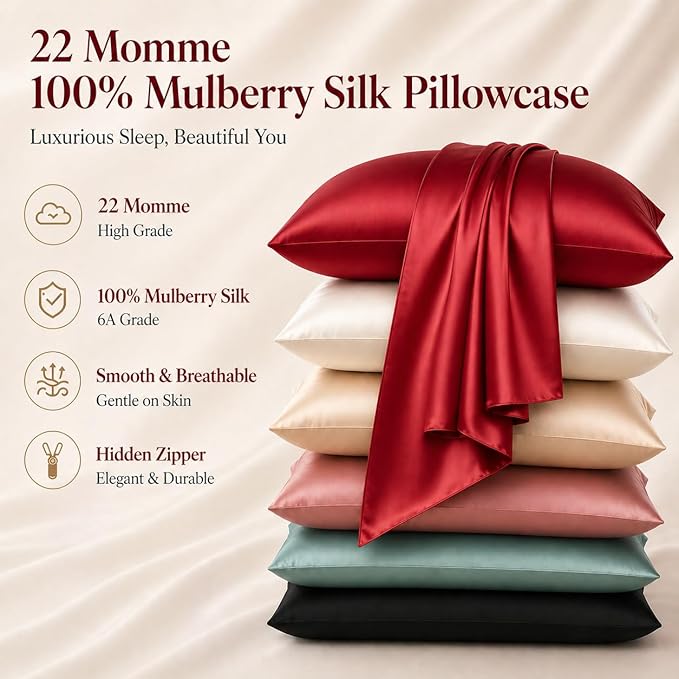 Red Silk Pillow Cases for Hair and Skin Made in USA, 22 Momme, Anti Acne Silk Pillowcase with Zipper, Organic, Hypoallergenic, Anti Wrinkle, 1 Pc 20"x26" (Standard, Red)