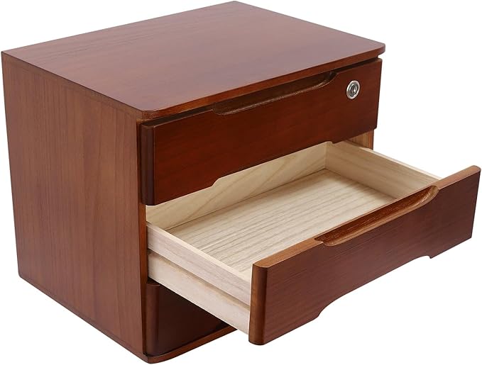 3 Tier Desktop Organizer Storage Box, Solid Wood Storage Box with Lock, Desk Drawers Organizer and Accessories, for Home, Office, Stationery, Crafts, Junk & Supplies, Walnut