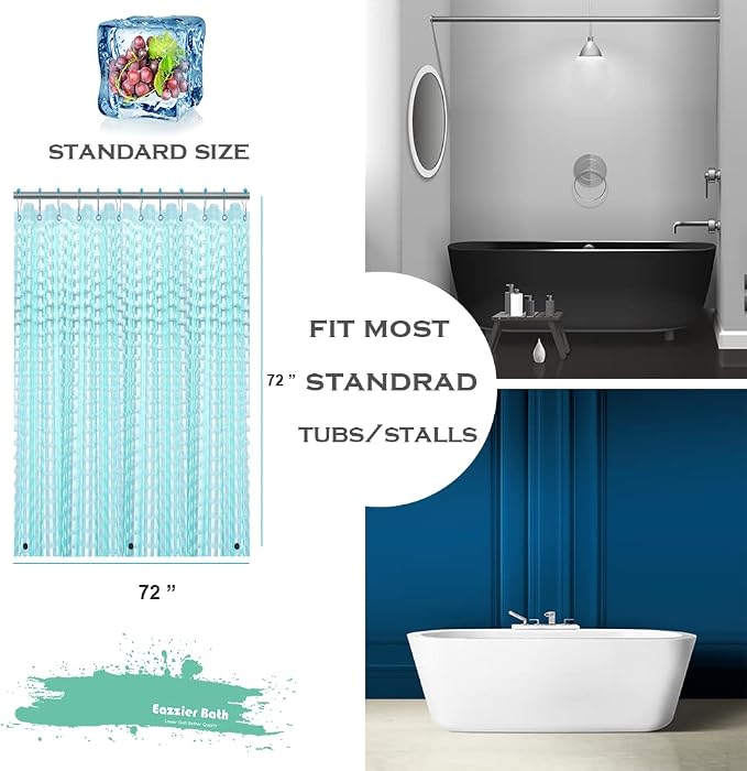Teal 3D Crystal Plastic Shower Curtain Liner, 72x72 Inch Thin Lightweight Ice Cube Plastic Bathroom Shower Showroom Inner Curtain with Rustproof Metal Grommet Holes and Weighted Magnets