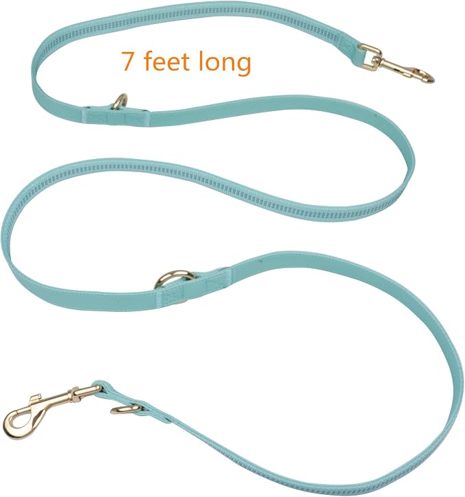 Leather Dog Collar and Leash Set 7FT Reflective at Night - Soft and Easy to Clean Vegan Leather with Gold Metal Buckle for Small Medium Large Dogs (S, Sea Green)