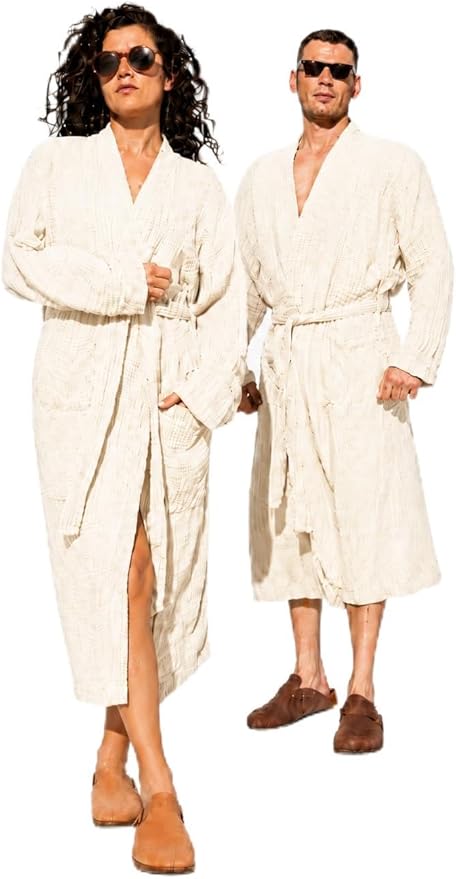 Muslin Unisex Bathrobe Women & Men, 100% Cotton Kimono Lightweight Robe | Long Robes Soft, Absorbent, Spa robes