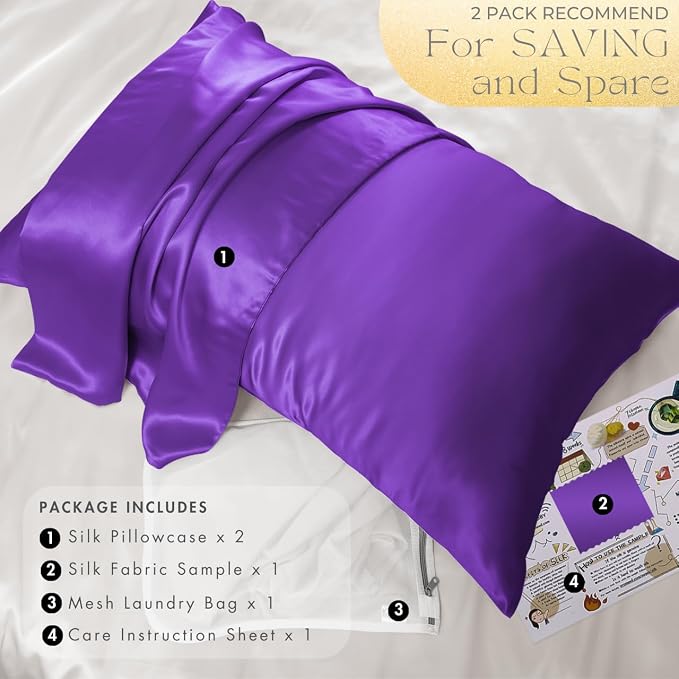 PROMEED 100% Mulberry Silk Pillowcase Set of 2, 23 Momme 3rd Gen Grade 6A+ 100% Mulberry Silk Pillow Cases 2 Pack, Real Silk Pillow Cover for Acne Prone Skin (King 20"x36", Purple)