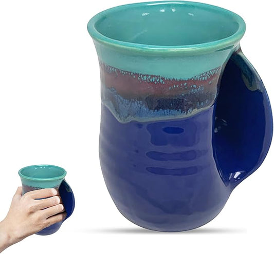 Clay in Motion Hand Warmer Coffee Mug – Handmade Coffee Mug With Comfortable Handle Contoured Pocket Hand Warming Ceramic Coffee Mug – Proudly Made in USA – Right Handed – 14 Oz - Mystic Waters