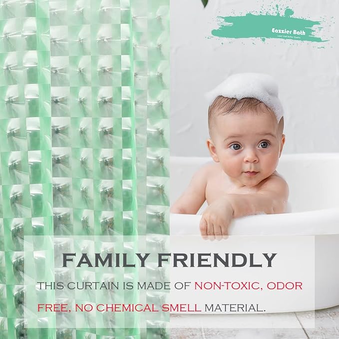 Green 3D Crystal Plastic Shower Curtain Liner, 72x72 Inch Thin Lightweight Ice Cube Plastic Bathroom Shower Showroom Inner Curtain with Rustproof Metal Grommet Holes and Weighted Magnets