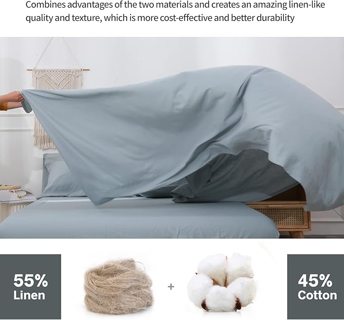 BISELINA Linen Sheet French Flax Flat Sheet Only 55% Euro Linen 45% Cotton Basic Style Solid Color Soft Breathable Farmhouse Top Sheet 1-Piece (Full, Dusty Blue)