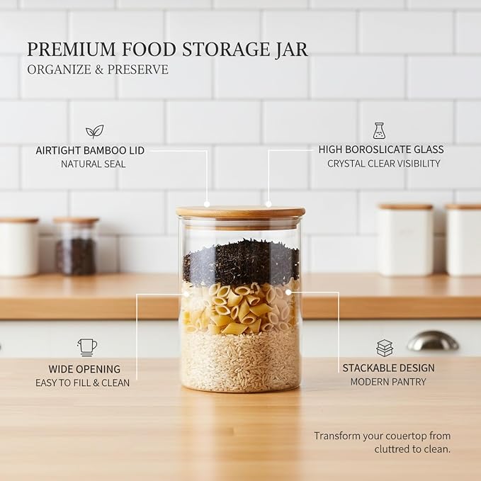 Borosilicate Glass Storage Jars with Bamboo Lids, Clear Kitchen Canisters for Pantry Organization of Dry Goods, Coffee, Tea, and Grains