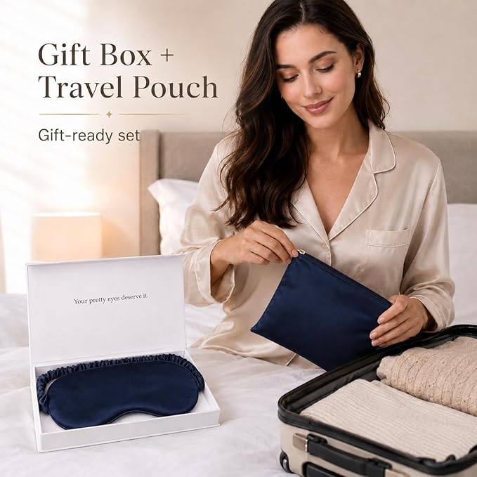 Silk Sleep Mask Light Blocking Luxury 100% Mulberry 19mm Silk Eye Mask Eye Cover Blindfold Ultra Soft Light & Comfy Anti Aging Skin Care with Travel Bag Gift Package