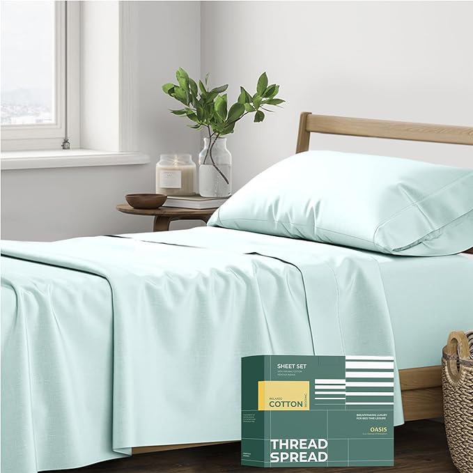 THREAD SPREAD 100% Organic Cotton Sheets Twin XL Size - 3 PC Organic Cotton Twin XL Percale Weave Sheet Set, Soft, Cooling, Crisp & Breathable, 16" Deep Pocket Bedding Set for Dorm Room - Sea Foam