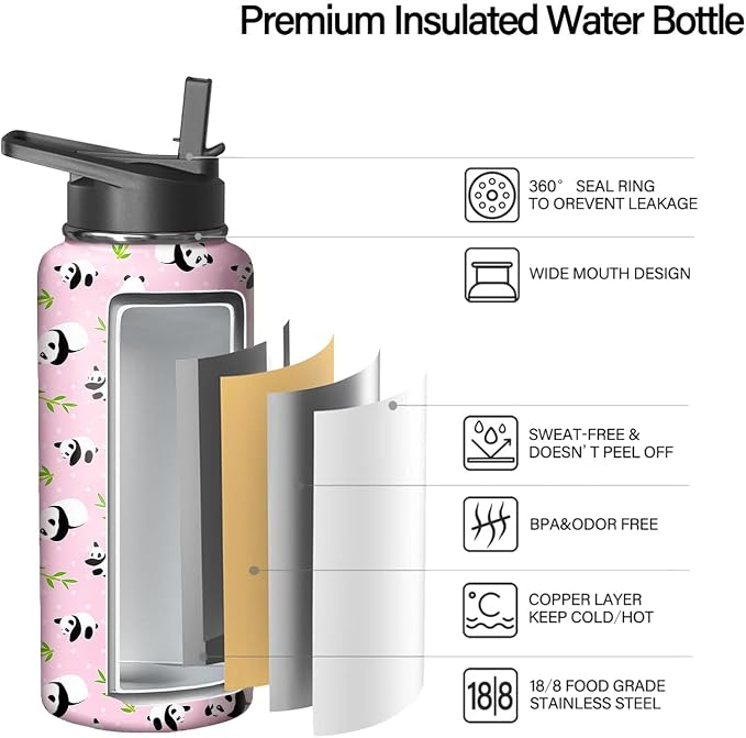 32oz Pink Panda Water Bottle with Handle and Flip Straw, Sports Stainless Steel Insulated Cup Travel Coffee Mug Tumbler, Birthday Mothers Day Chritmas Gifts for Women
