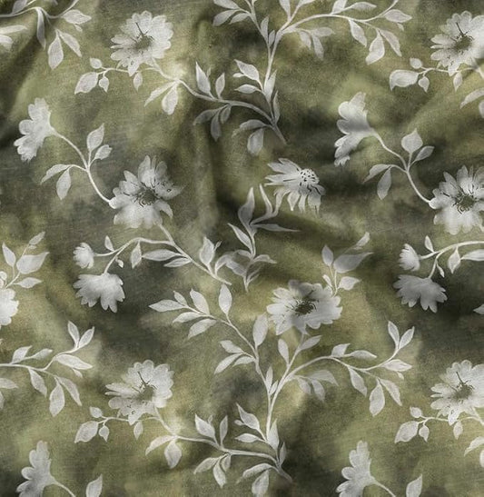 Soimoi Silky Satin Fabric Material, 1 Yard - 42" Inch Width, Green - Floral Print - Soft Shiny Fabric for Dress, Pillowcases, Pajamas, Evening Dress, DIY