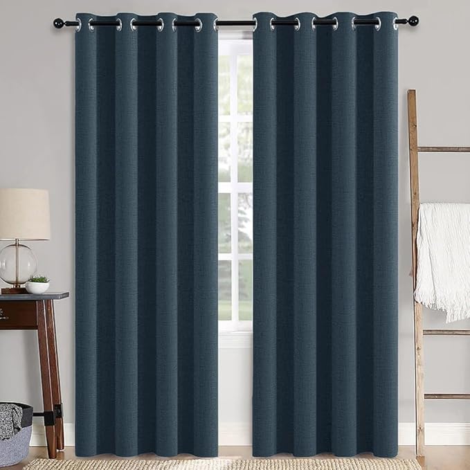 MIULEE 100% Blackout Linen Textured Curtains for Bedroom Solid Thermal Insulated Navy Grommet Room Darkening Curtains & Drapes Luxury Decor for Living Room 52 x 96 Inch (2 Panels)