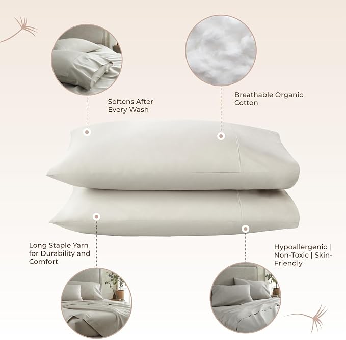 100% Organic Cotton Pillow Cases Queen Size Set of 2-100% Cotton Pillowcases GOTS Certified 300 Thread Count - Naturally Cooling Comfortable Breathable & Soft Pillow Cases (Pewter, Queen)