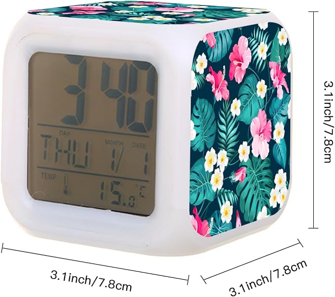 Digital Alarm Clock,Tropical Palm Tree with Flowers 7 Color Change LED Digital Alarm Clock with Date Thermometer for Toddlers,Girls and Boys