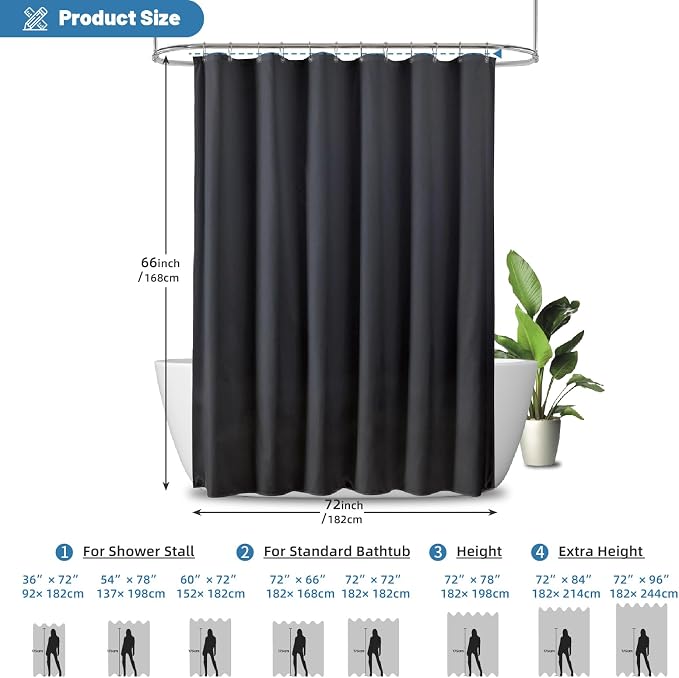 1 Pack Water-Repellent Fabric Shower Curtain Liner - Hotel Quality Machine Washable, 3 Heavy-Duty Magnets with Rustproof Grommets & Weighted Hem, Standard Size 72x66in Black