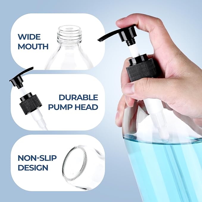 16 oz Clear Glass Soap Dispenser with Pump, Glass Pump Bottle for Lotion Body Oil, 500ml Hand and Dish Soap Dispensers Set with Storage Caps, Labels - 2 Pack