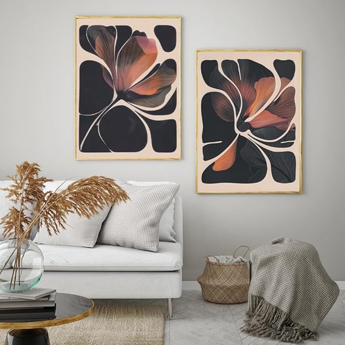 Abstract Floral Wall Art Prints Set of 2 Modern Mid Century Botanical Canvas Painting Posters Black Orange Flower Picture Wall Decor Aesthetic for Bedroom Home Decor 24x36inch Wrapped Framed