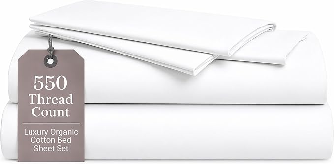 ORGANIC TEXTILES Premium Quality Bed Sheets - Organic Cotton 550 Thread Count - GOTS Certified - Full, (4 Pc. Set) - White