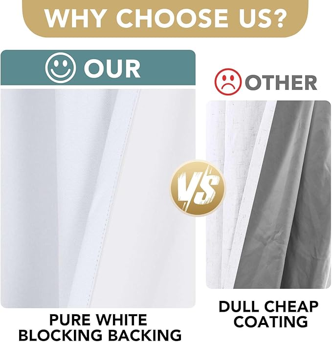 H.VERSAILTEX Primitive Linen Curtains 100% Blackout Curtain Drapes Burlap Curtains with White Thermal Insulated Liner, Grommet Top Drapes Living Room/Bedroom (2 Panels, 42 x 45 Inch, Bright White)